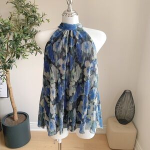 Anewsta Blue Floral Pleated Halter Top L NWT